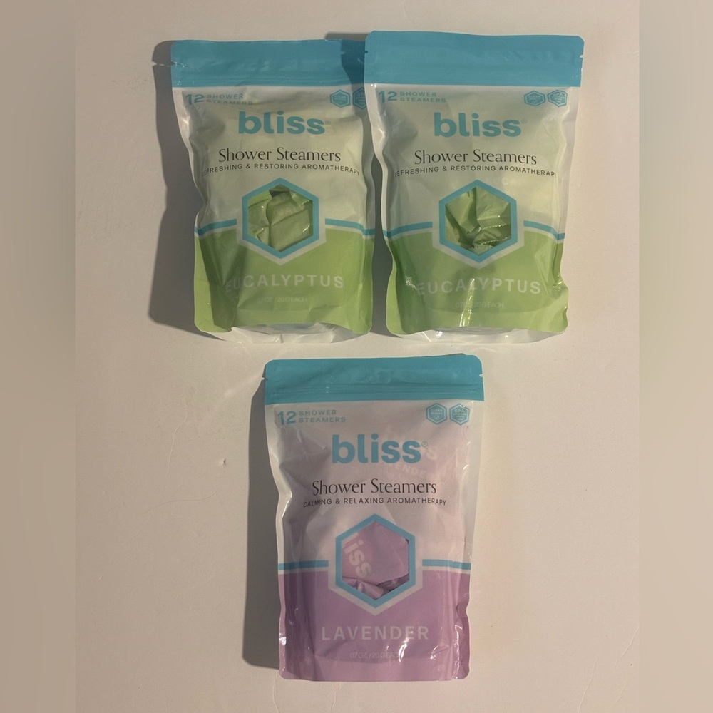 Lot of 3 Pack Bliss Shower Steamers - 12 Per Bag - 2 Eucalyptus and 1 Lavender